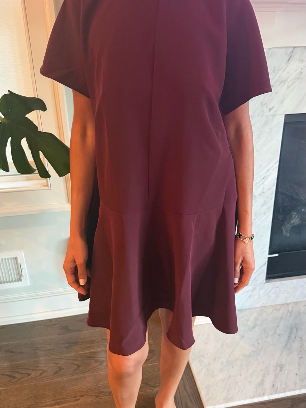 H&M Women’s Short Sleeve Flounce Hem Dress in Deep Plum